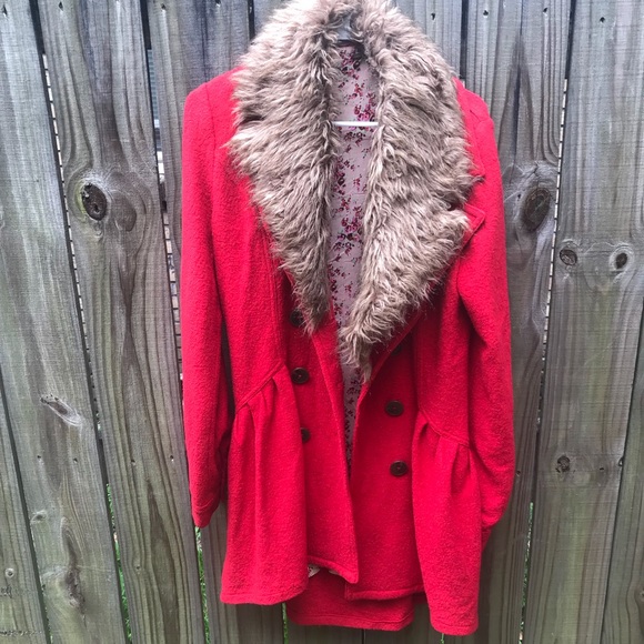 Free People Jackets & Blazers - Free People Red Pea Coat with faux fur collar